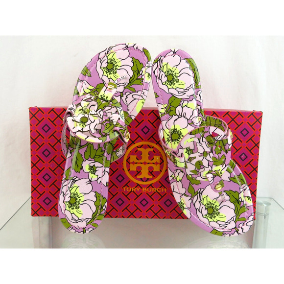 TORY BURCH MILLER BOLD FLOWERS PATENT LEATHER REVA FLATS THONG SLIDE SANDALS 10 - Picture 6 of 14